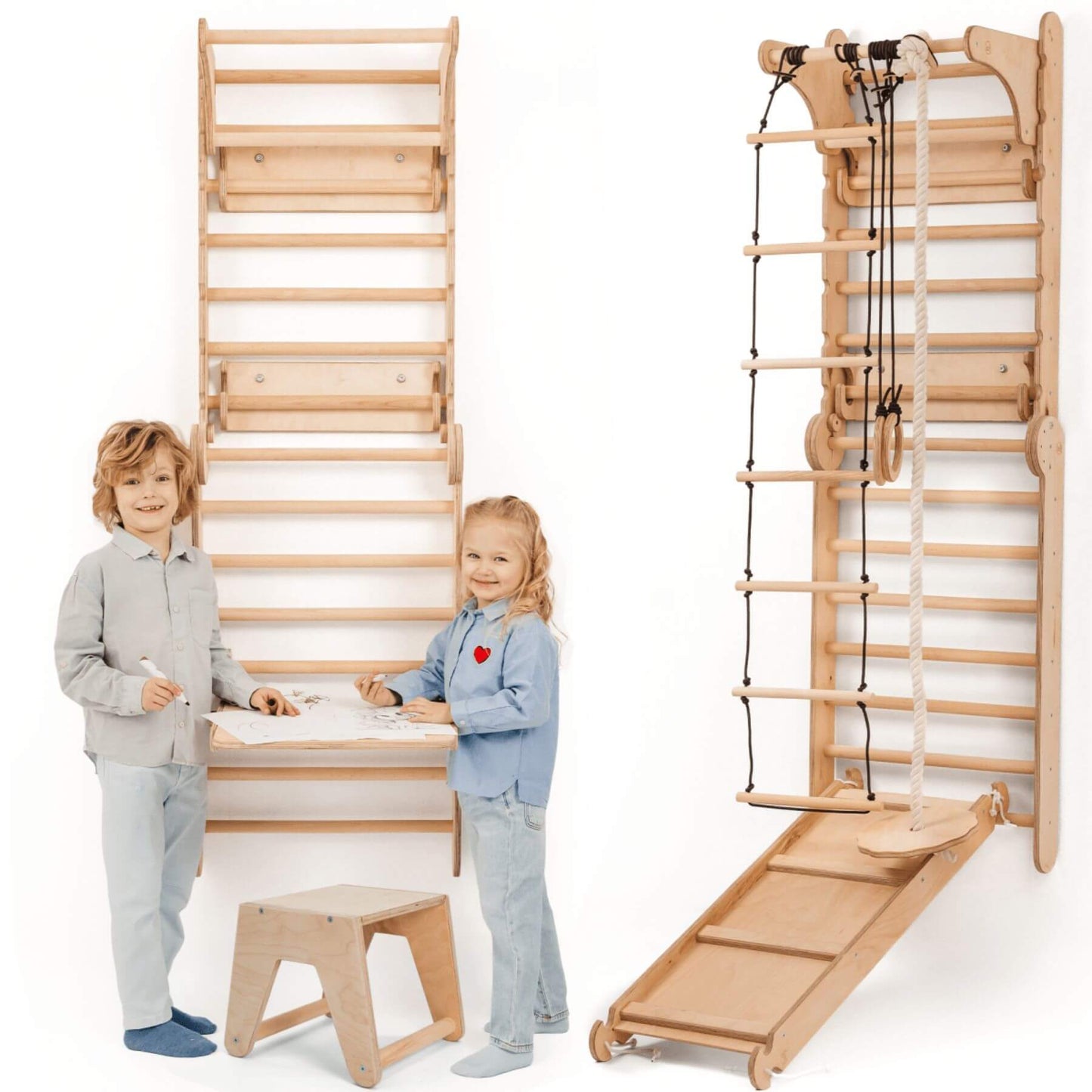 Children standing next to Goodevas Wooden Swedish Wall / Climbing ladder
