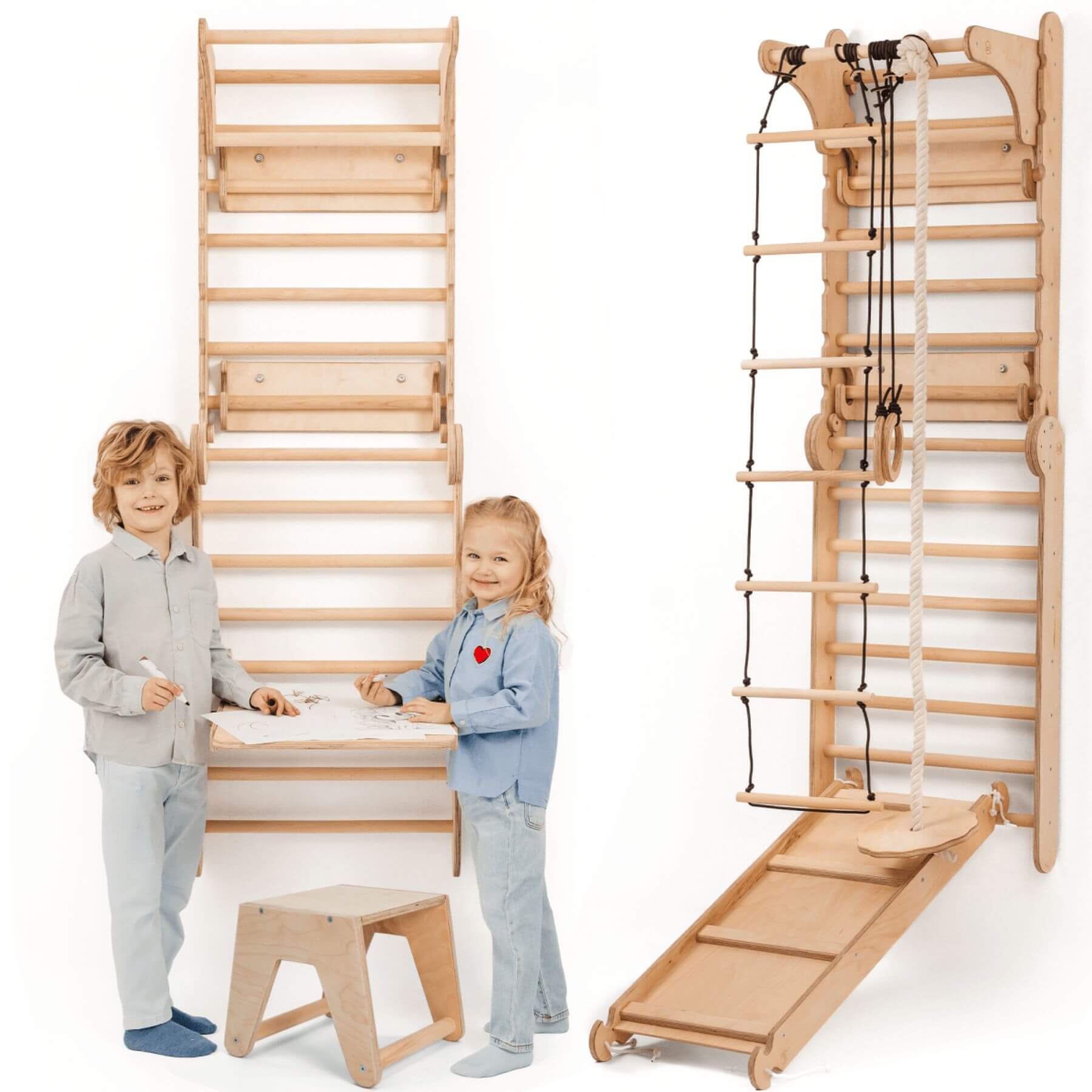 Children standing next to Goodevas Wooden Swedish Wall / Climbing ladder