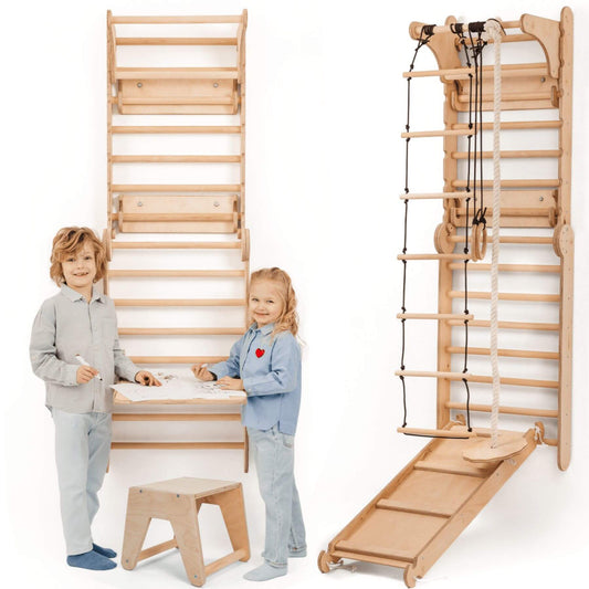 Children standing next to Goodevas Wooden Swedish Wall / Climbing ladder
