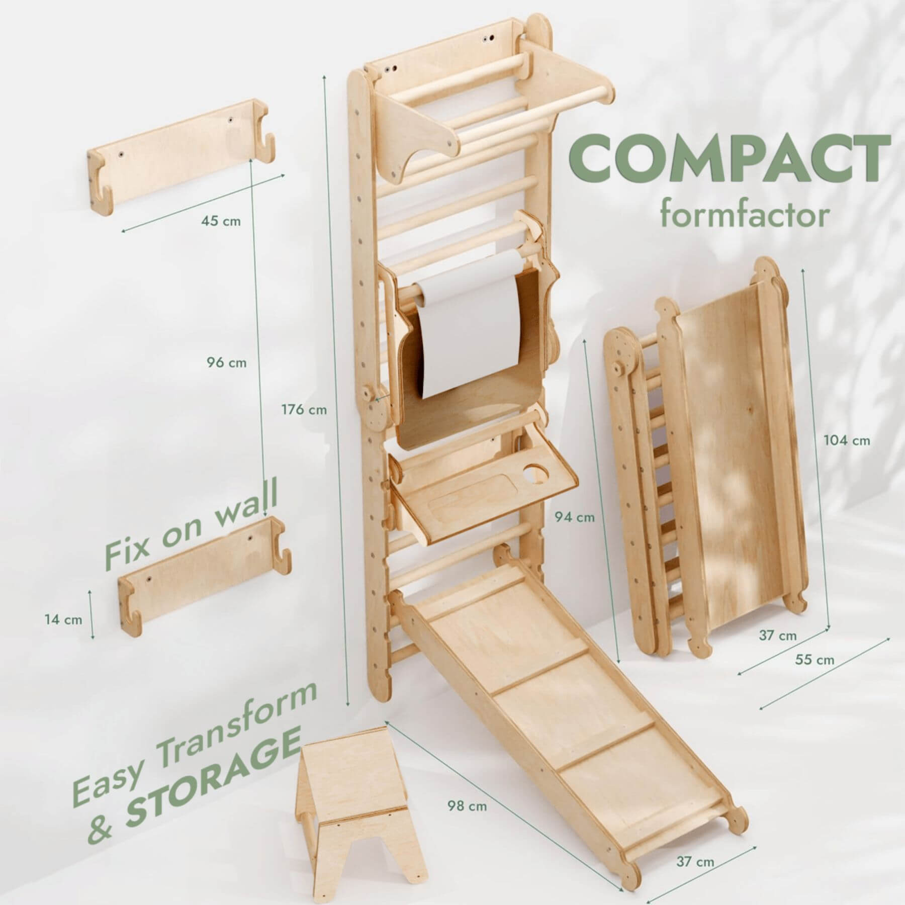 Goodevas Wooden Swedish Wall / Climbing ladder and measurements on a white background
