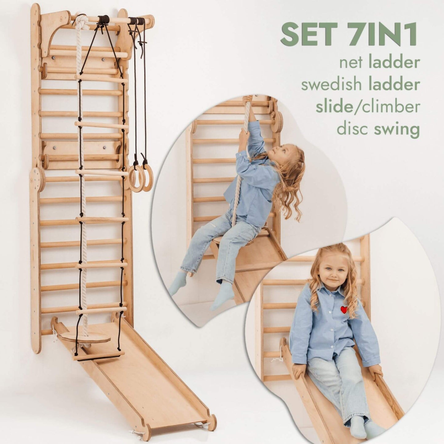 Goodevas Wooden Swedish Wall / Climbing ladder, slide, climber, disc, and swing, featuring a child using the equipment.