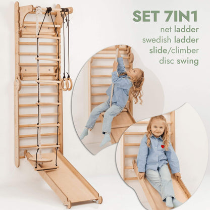 Goodevas Wooden Swedish Wall / Climbing ladder, slide, climber, disc, and swing, featuring a child using the equipment.