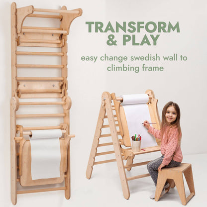 Goodevas Wooden Swedish Wall / Climbing ladder with white paper roll and child sitting on stool, text 'Transform & Play' and 'easy change swedish wall to climbing frame'.