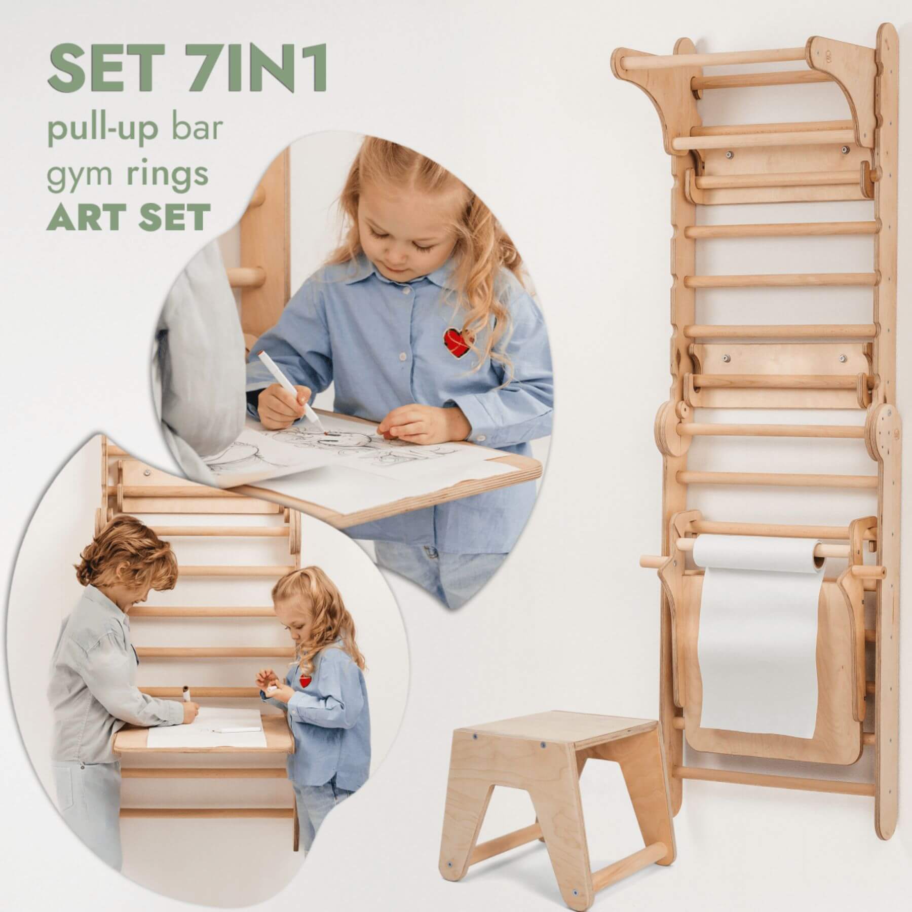 7-in-1 wooden play set with pull-up bar, gym rings, and stool on a white background.