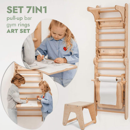 7-in-1 wooden play set with pull-up bar, gym rings, and stool on a white background.