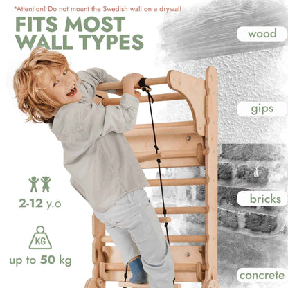 Child playing with Goodevas Wooden Swedish Wall / Climbing ladder on a gray wall with text about wall types.