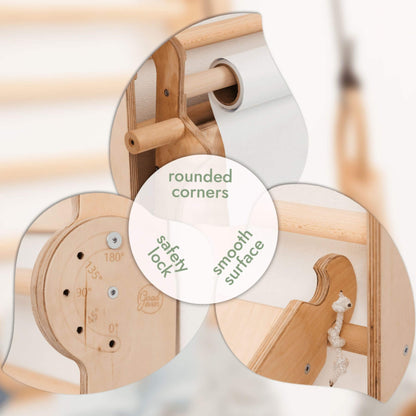 Wooden product with rounded corners, safety lock, and smooth surface on a blurred background.