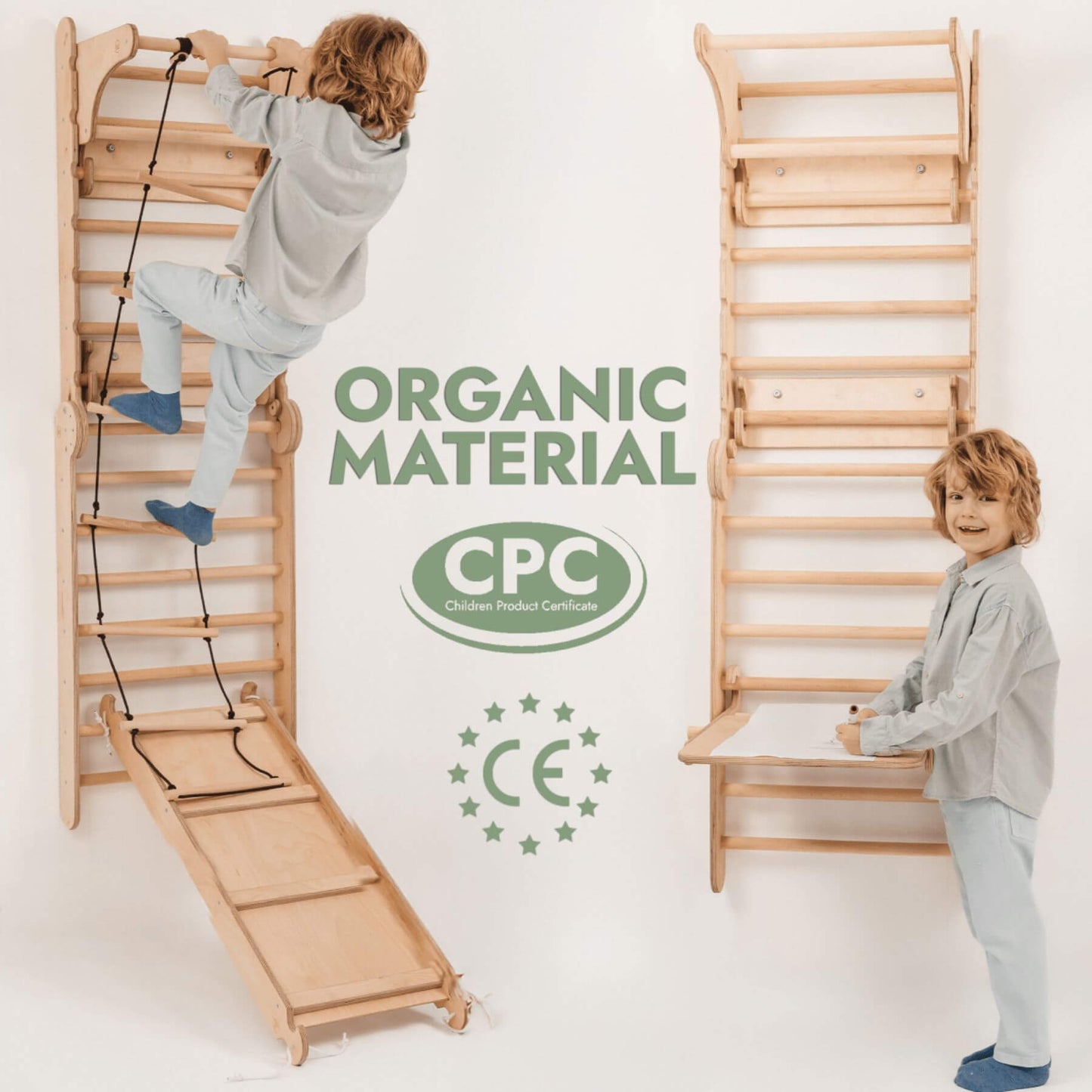 Children playing with Goodevas Wooden Swedish Wall / Climbing ladder with organic material and certification logos on a white background.