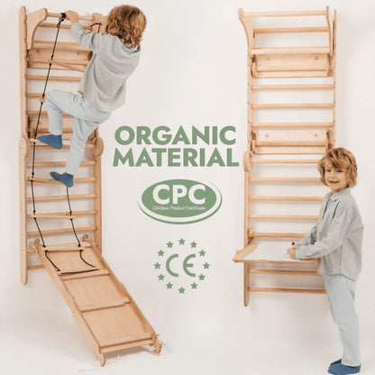 Children playing with Goodevas Wooden Swedish Wall / Climbing ladder with organic material and certification logos on a white background.