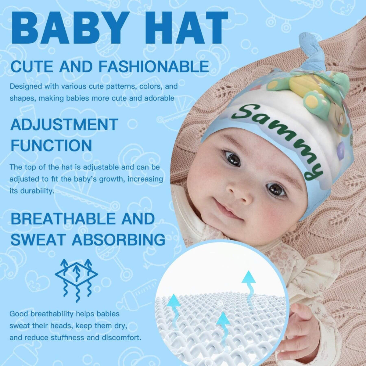 A baby wearing a light blue and white adjustable baby hat with 'Sammy' printed on it, shown on a light blue promotional background with text describing the hat's features and a circular inset showing the breathable mesh texture.