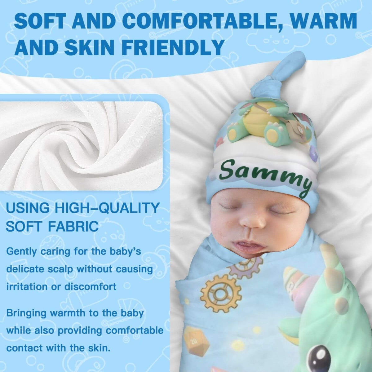 A baby wearing a soft white and light blue knit hat with plush animal accents and the name 'Sammy' on the front, lying on a white blanket. The image includes marketing text about comfort, warmth, and skin-friendly fabric, plus a fabric swatch inset.