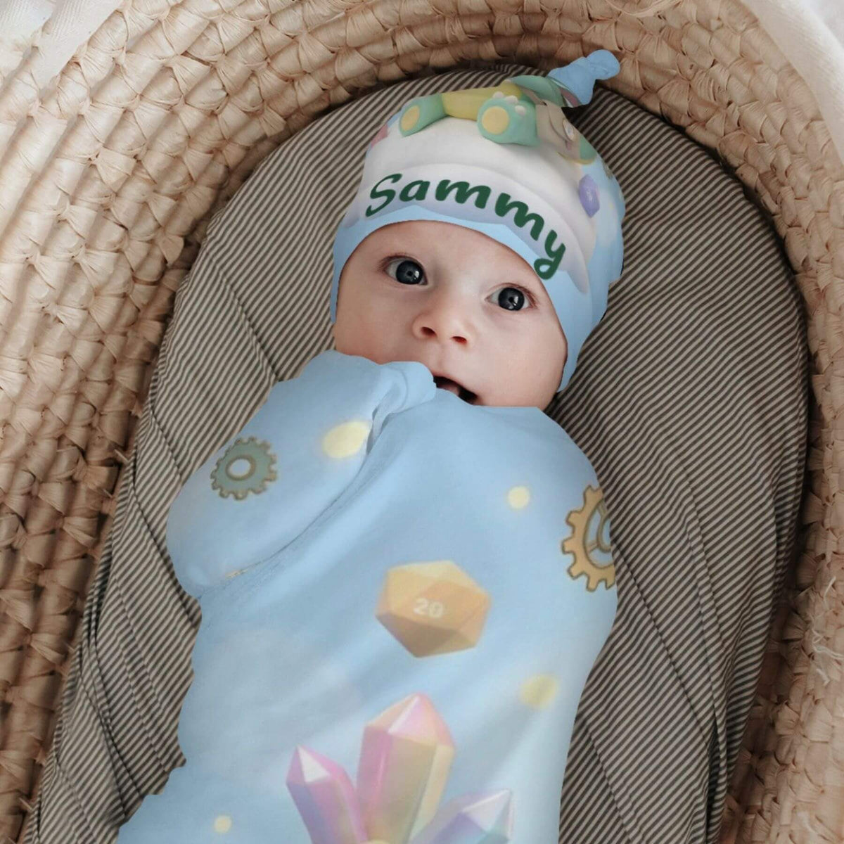 A baby lying in a woven bassinet, swaddled in a light blue blanket with colorful geometric prints and wearing a matching light blue hat that says 'Sammy' in green.