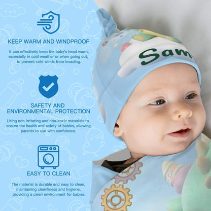 A baby wearing a light blue hooded cap with printed cartoon graphics and the name 'Sam' on the front, shown beside marketing text about warmth, protection, and easy cleaning on a pale blue background.