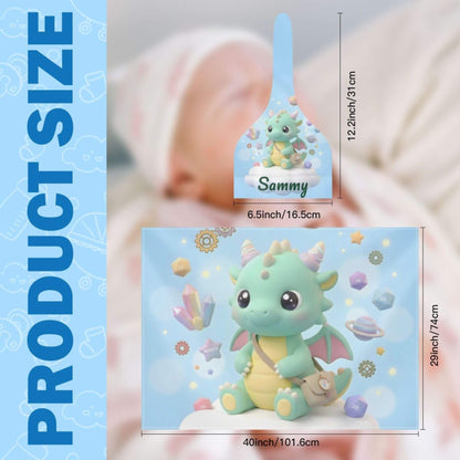 Product size diagram showing a baby keepsake box with a cute cartoon dragon design. The top inset shows the box closed with a small dragon illustration and the name 'Sammy' on a blue lid, labeled 12.