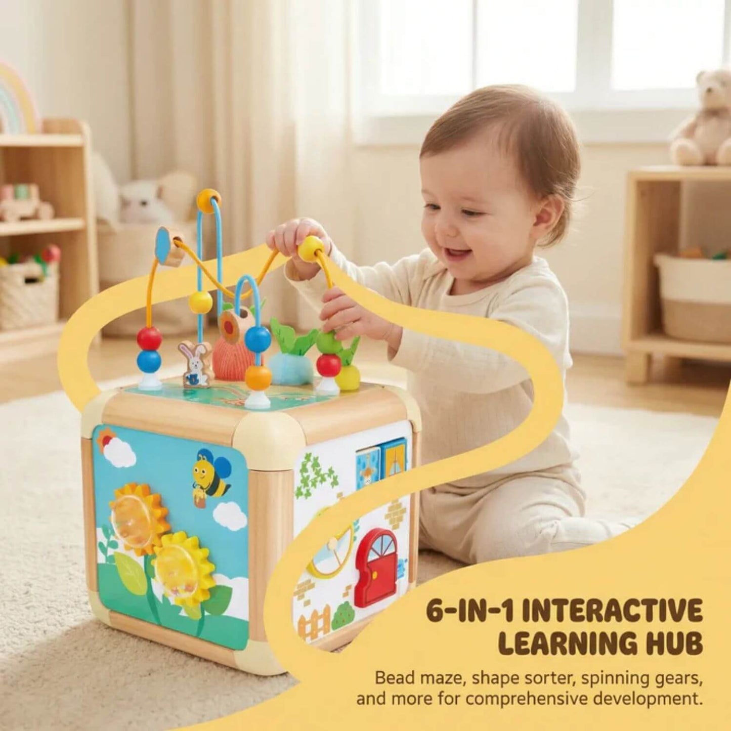 Child playing with Hape Green Thumbs Activity Cube in a bright room.