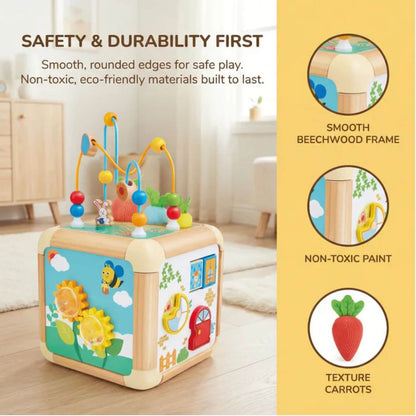 Hape Green Thumbs Activity Cube with safety and durability features highlighted on a yellow background