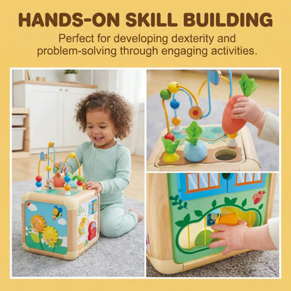 Children playing with Hape Green Thumbs Activity Cube, promoting hands-on skill building.