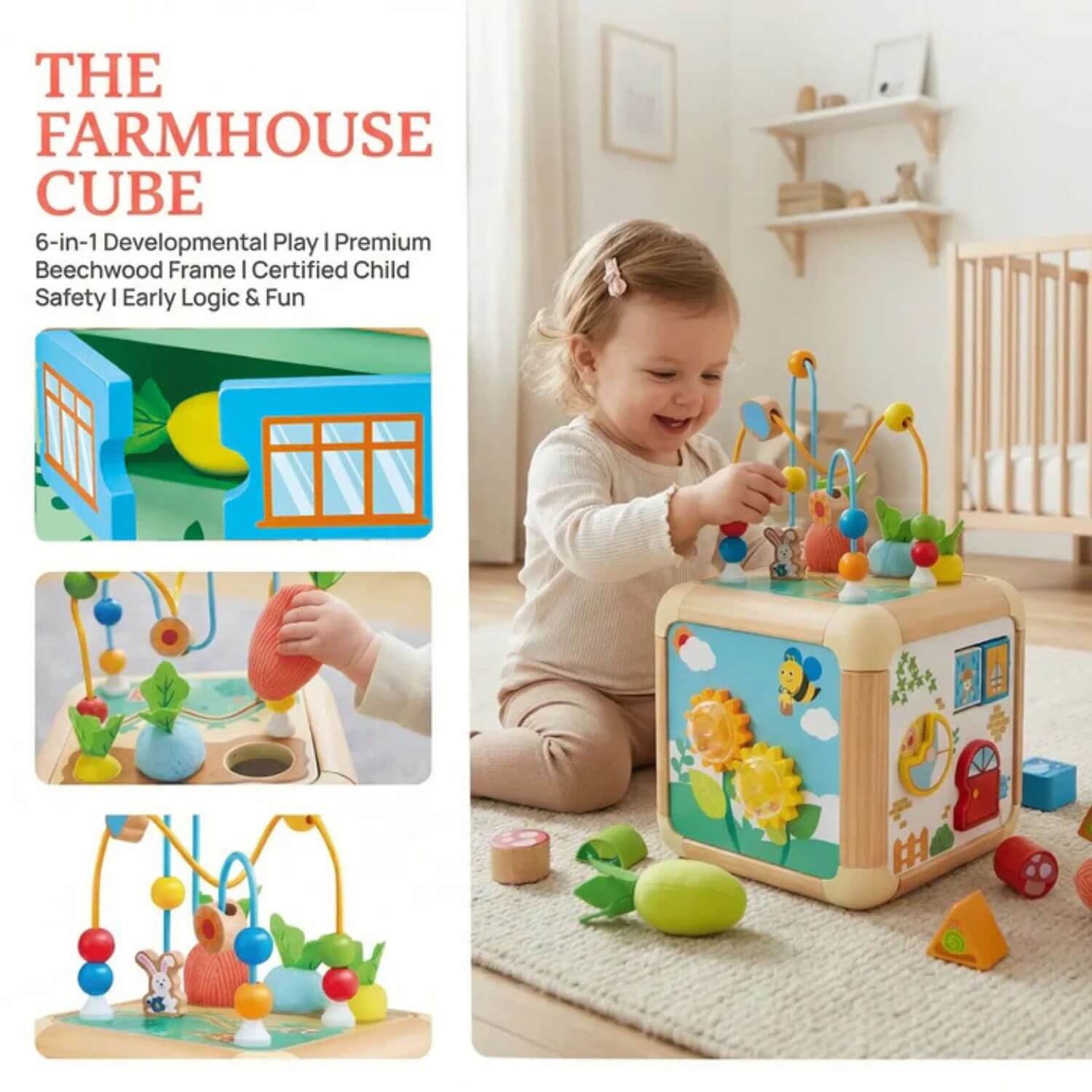 Child playing with Hape Green Thumbs Activity Cube in a nursery setting