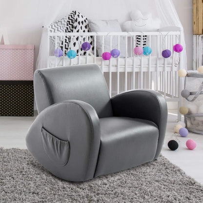 Qaba PU Leather Kids Sofa Rocking Chair Grey in a nursery with a crib and colorful balls in the background.