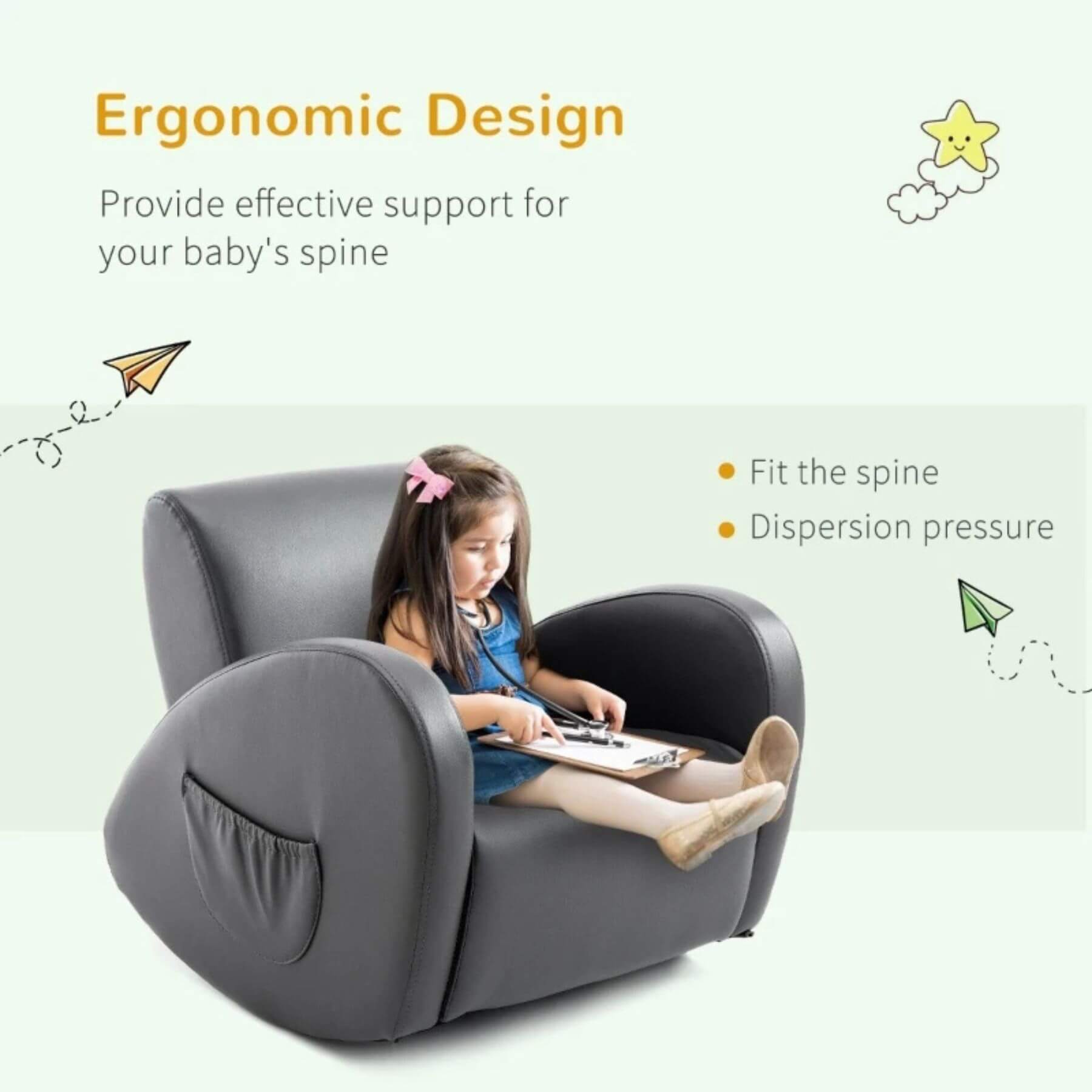 Child sitting in Qaba PU Leather Kids Sofa Rocking Chair Grey features highlighted.