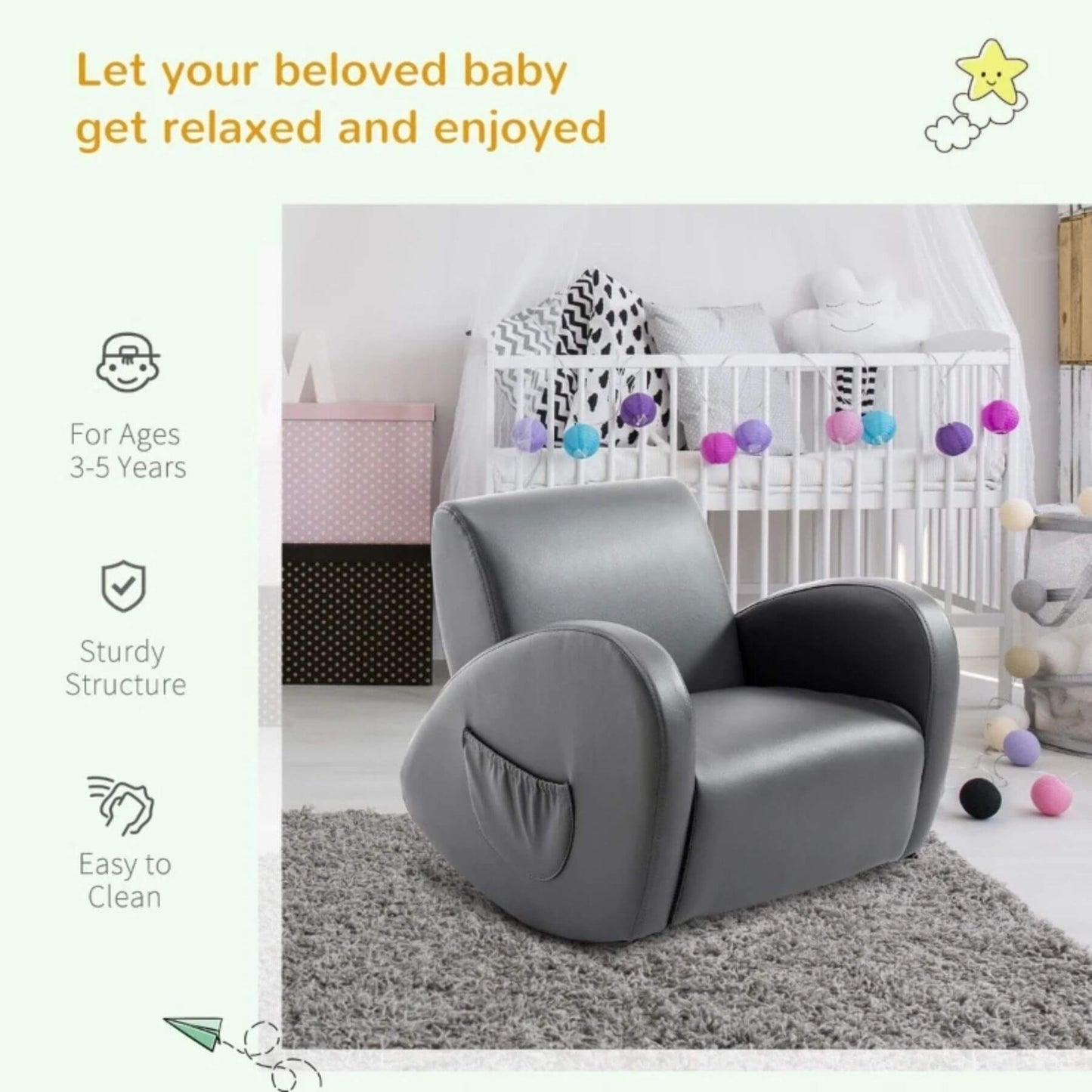 Qaba PU Leather Kids Sofa Rocking Chair Grey in a room with toys and a crib, featuring text about its benefits.