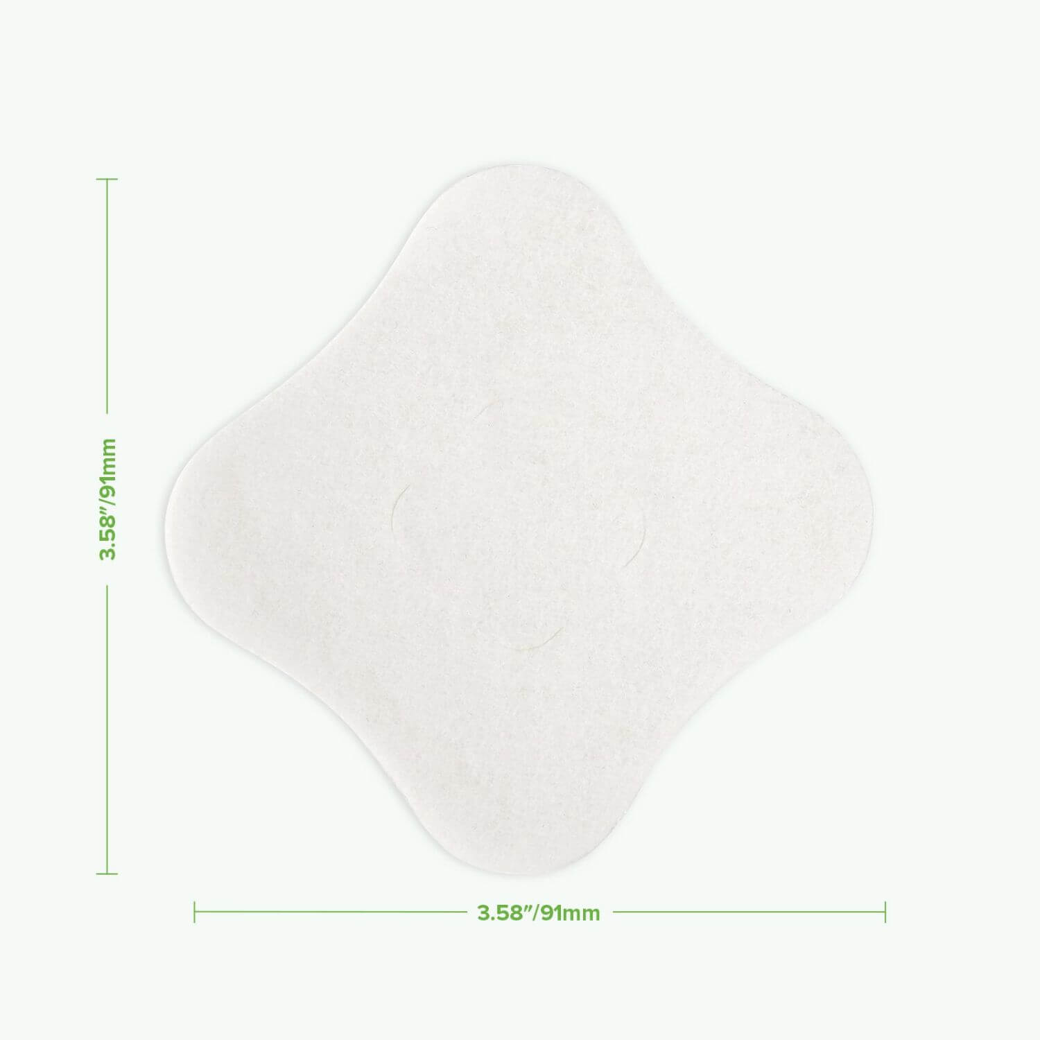 Haakaa Soothing Hydrogel Breast Pad with green dimension lines and text indicating a size of 3.58"/91mm by 3.