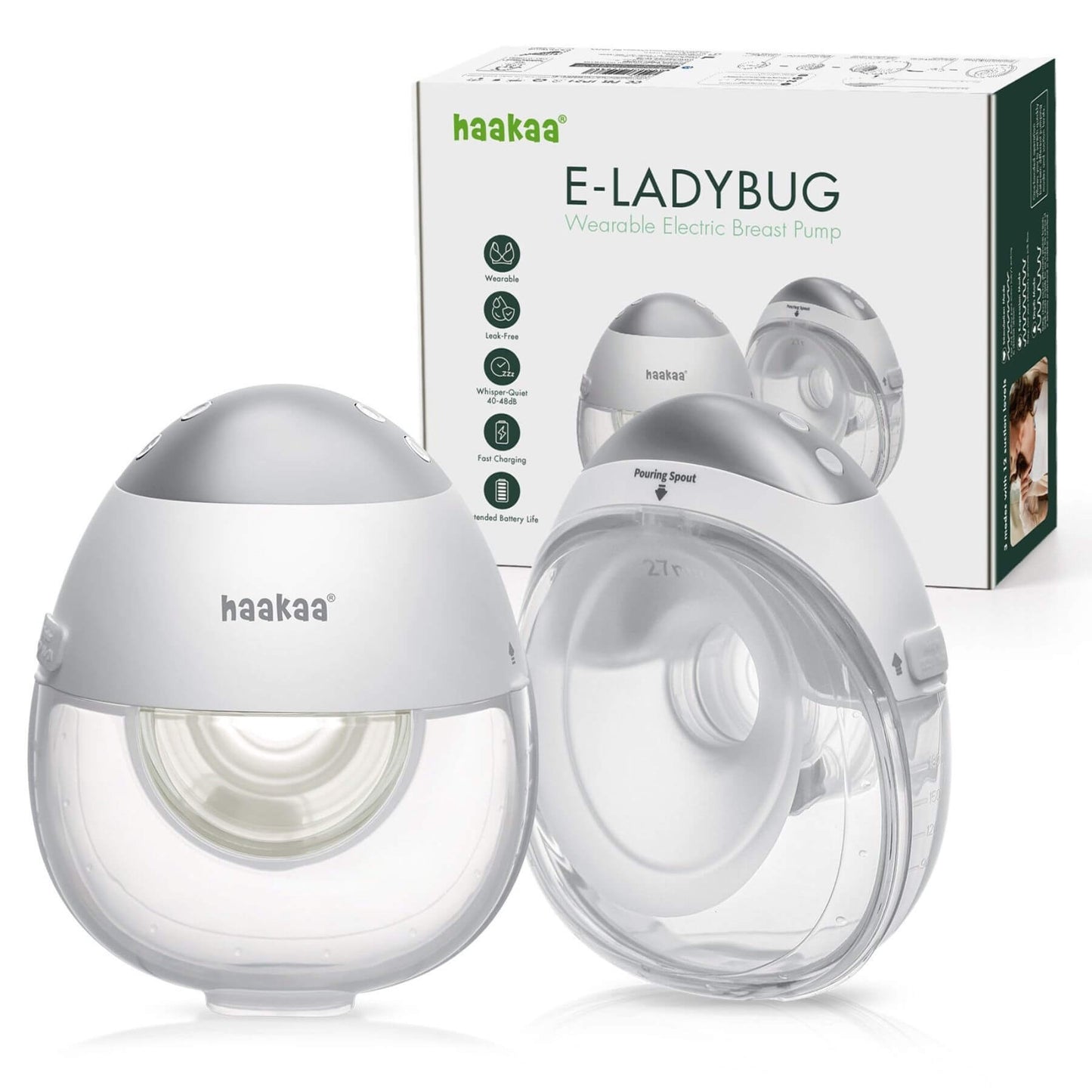 Haakaa E-Ladybug breast pump with packaging on a white background