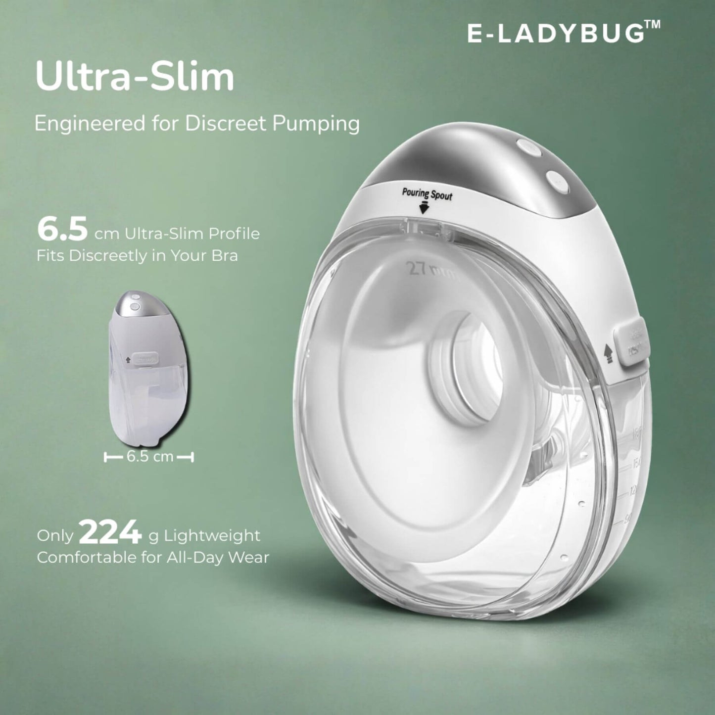 E-Ladybug ultra-slim device on a green background with text highlighting features.