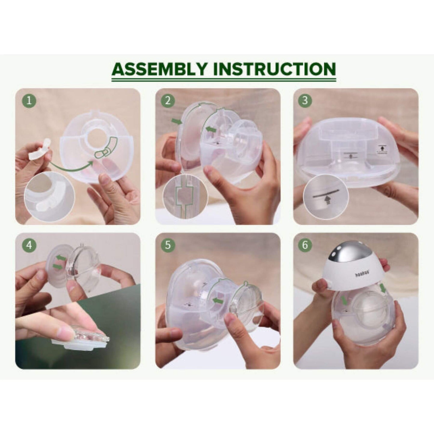 Step-by-step assembly instruction for a device, showing hands assembling parts.