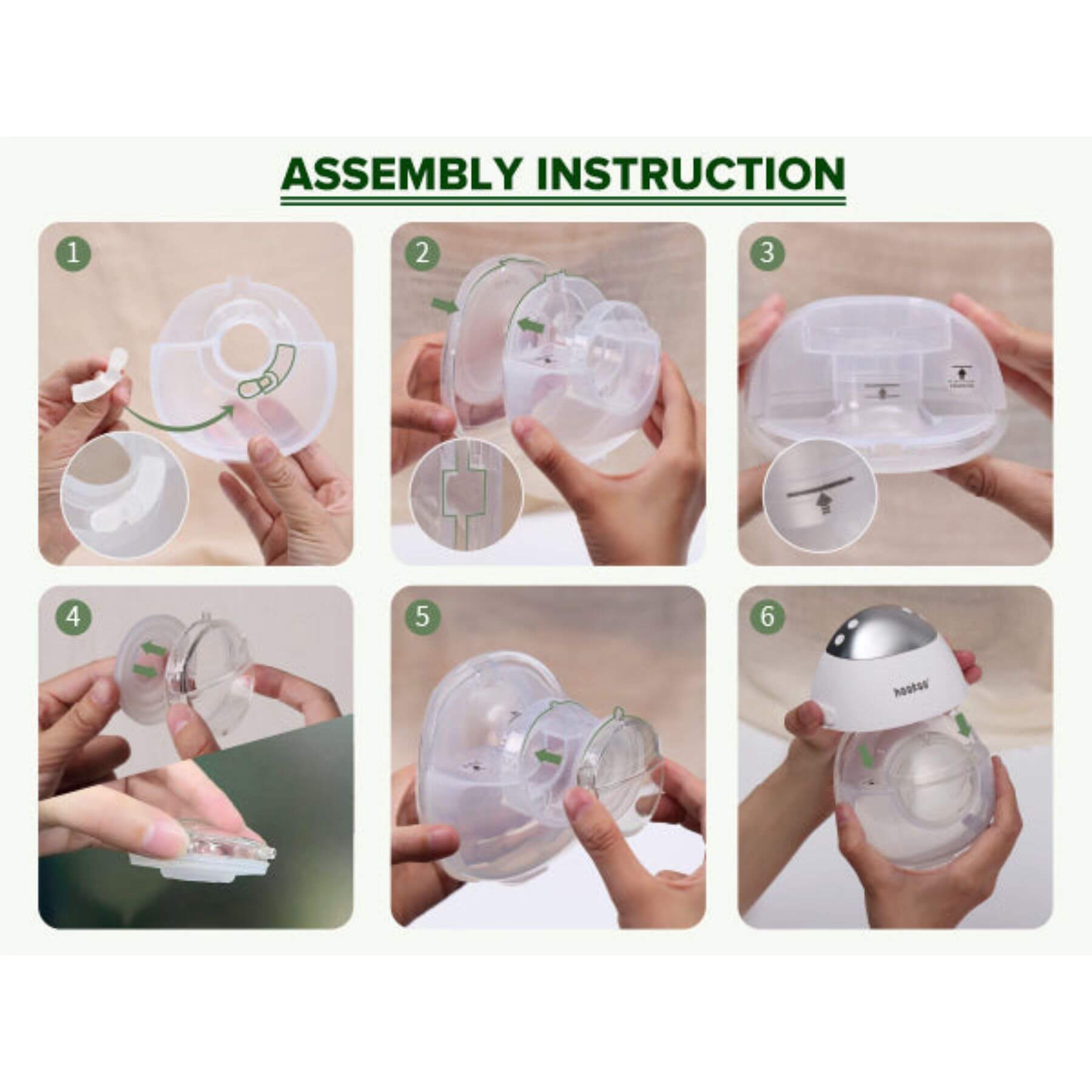 Step-by-step assembly instruction for a device, showing hands assembling parts.