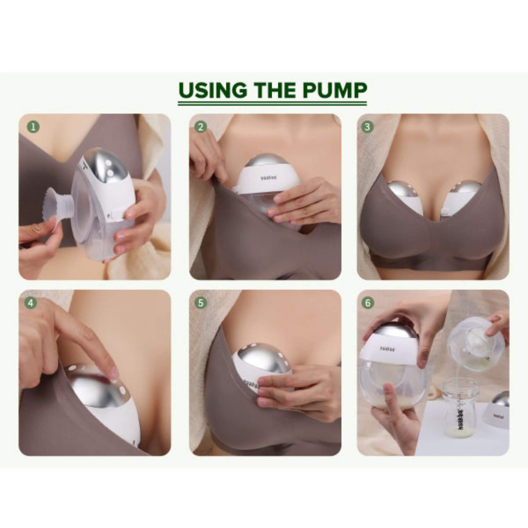 Step-by-step guide on using a breast pump with close-up images of hands and pump.