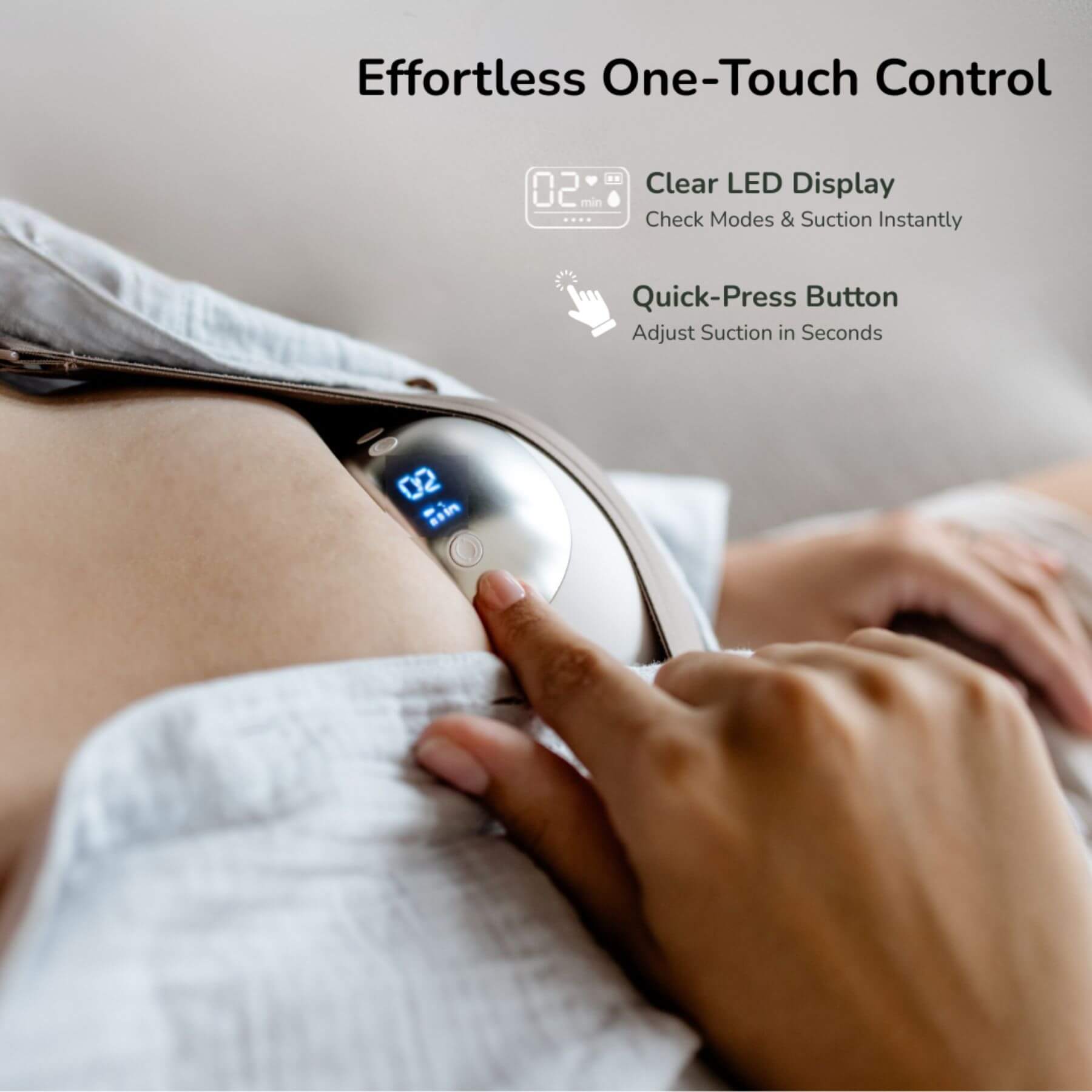 Person using a handheld device with a clear LED display and quick-press button on a neutral background.