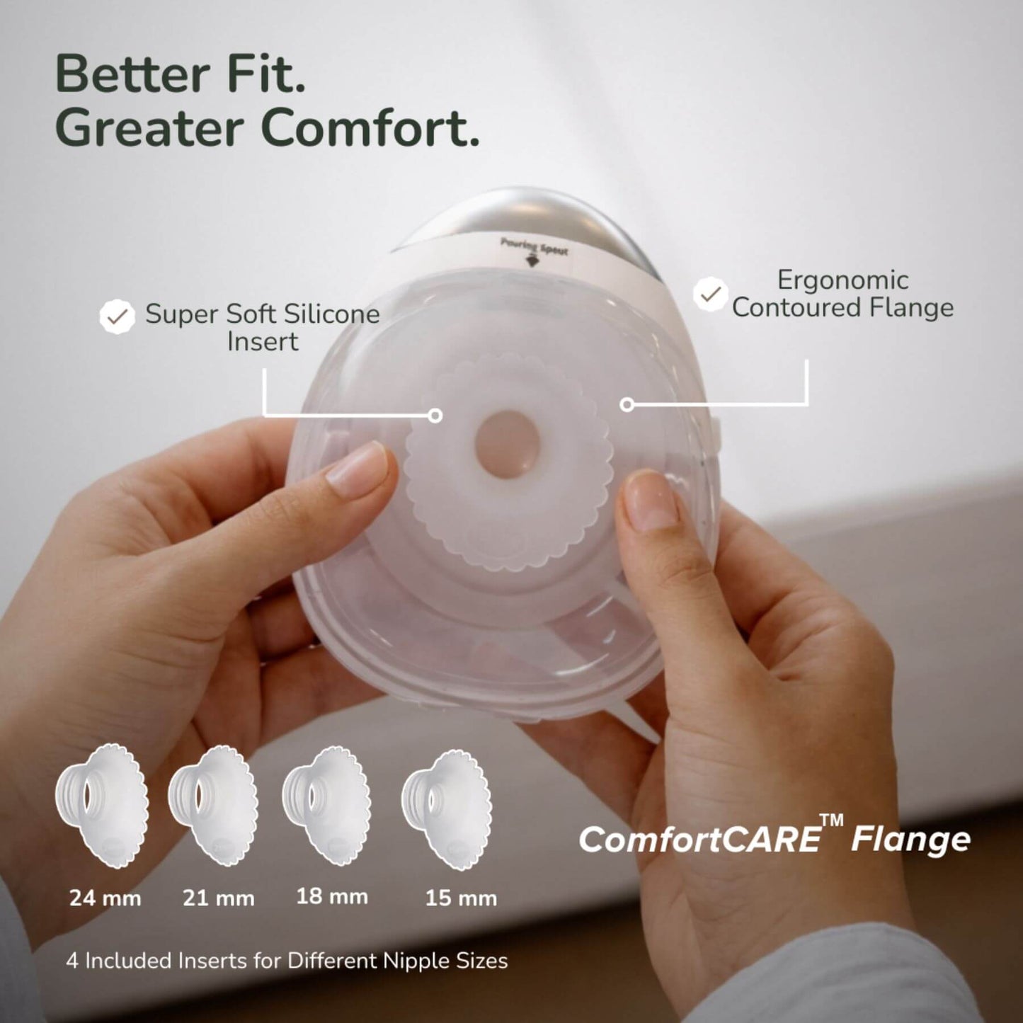 Hand holding a silicone breast pad with labeled features and size options.