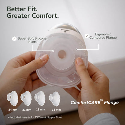 Hand holding a silicone breast pad with labeled features and size options.