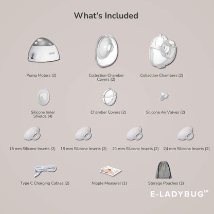 List of included items with corresponding icons on a beige background, featuring E-Ladybug branding.