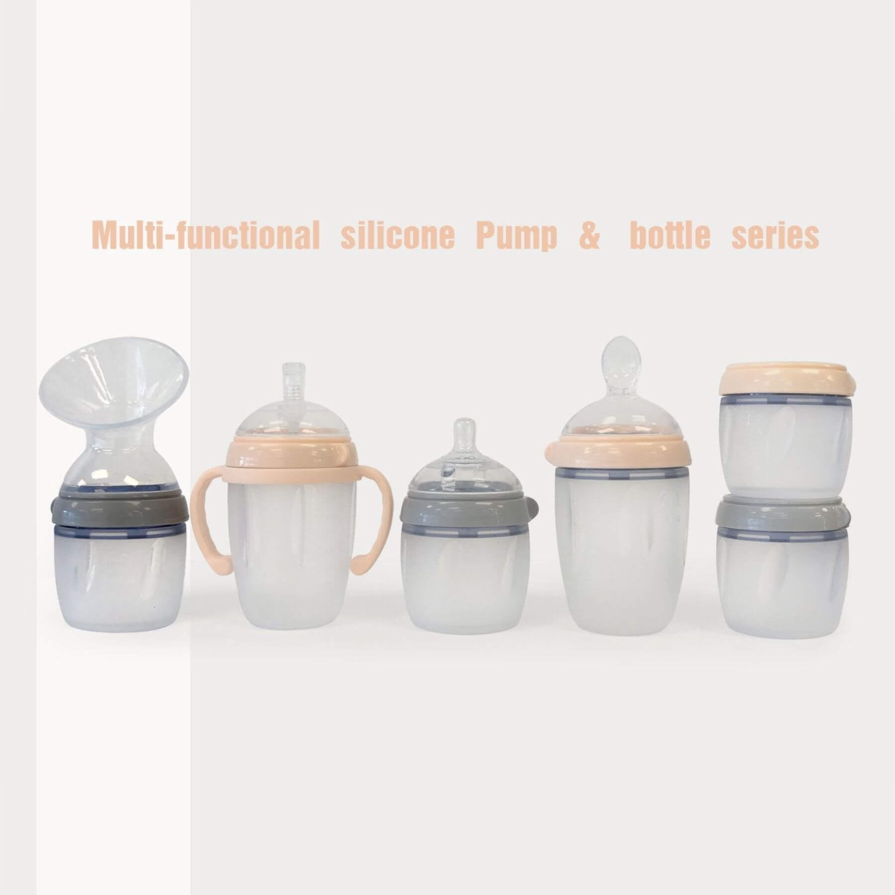 Set of multi-functional silicone pump and bottle series on a white background