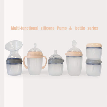 Set of multi-functional silicone pump and bottle series on a white background
