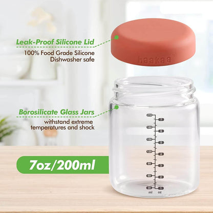 Haakaa Sealed Glass Storage Jar. The image includes text callouts highlighting the leak-proof silicone lid and the borosilicate glass jar, with a green banner indicating '7oz/200ml'.