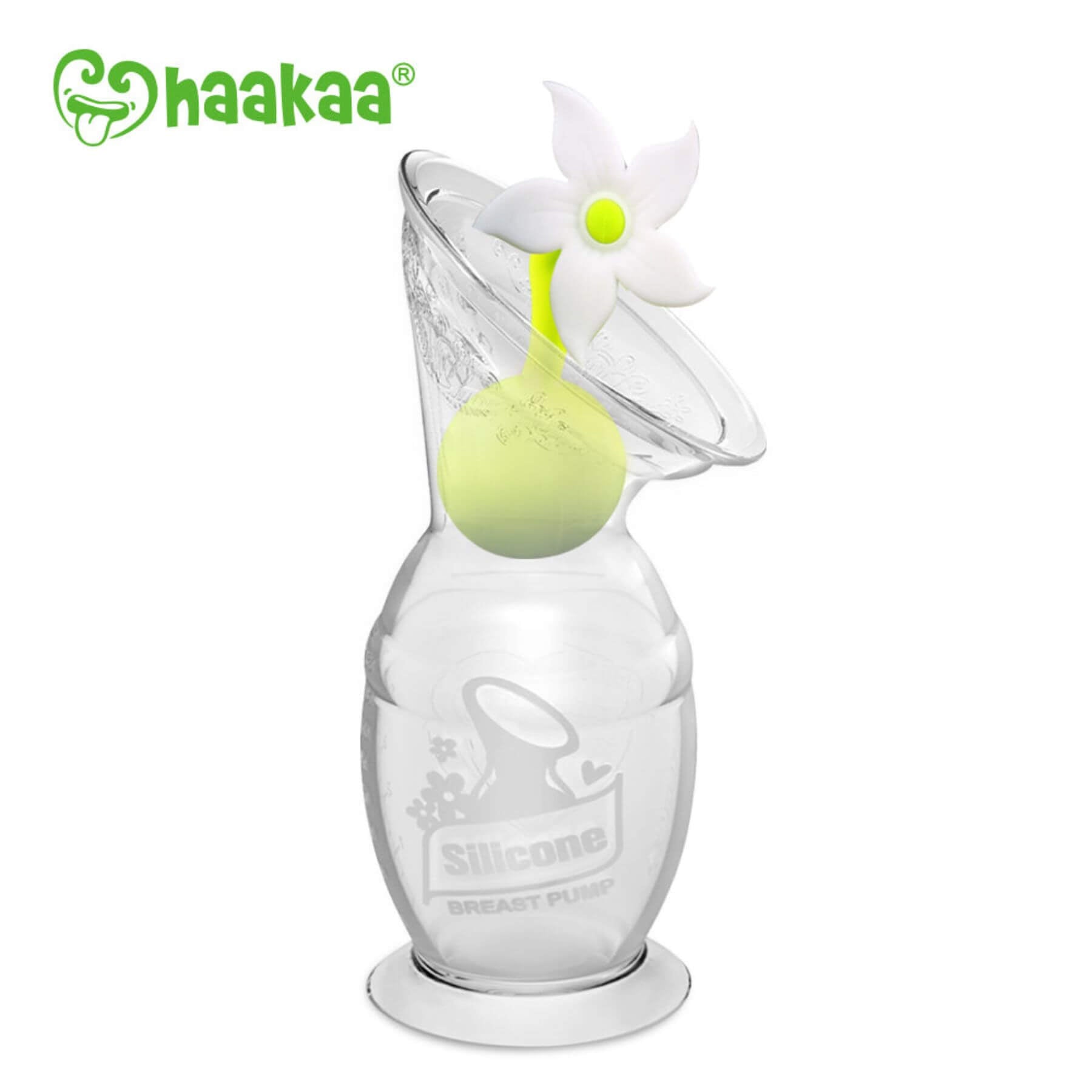 Silicone baby bottle with flower design on a white background, featuring the Haakaa brand.