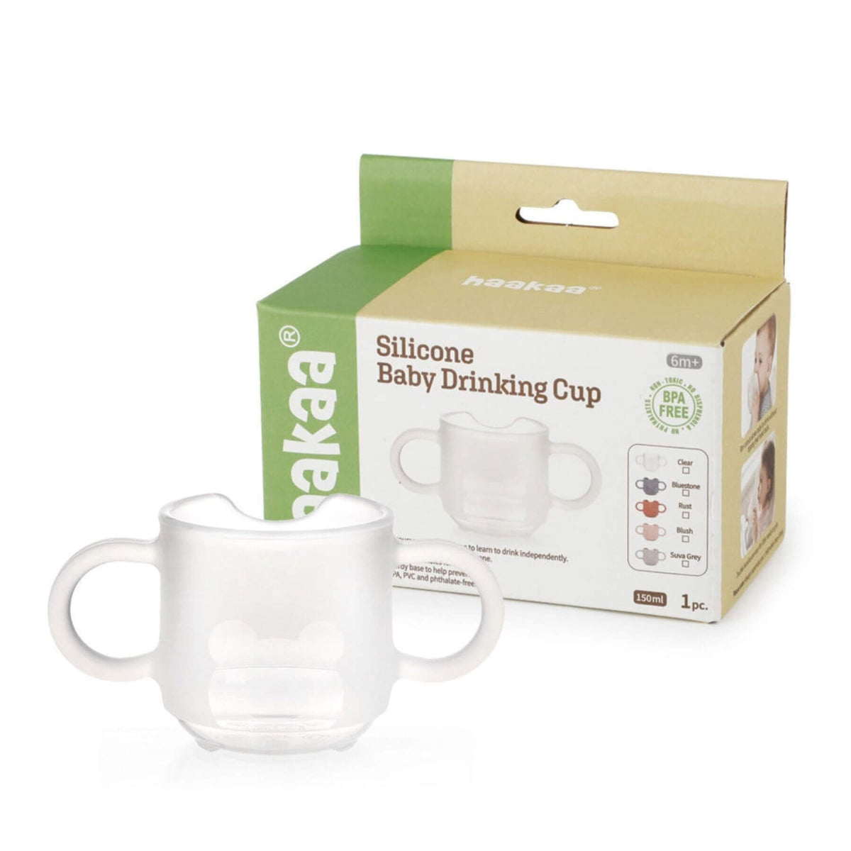 Haakaa Silicone Baby Drinking Cup - Clear with packaging on a white background