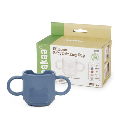 Haakaa Silicone Baby Drinking Cup - Blue with Haakaa packaging on a white background