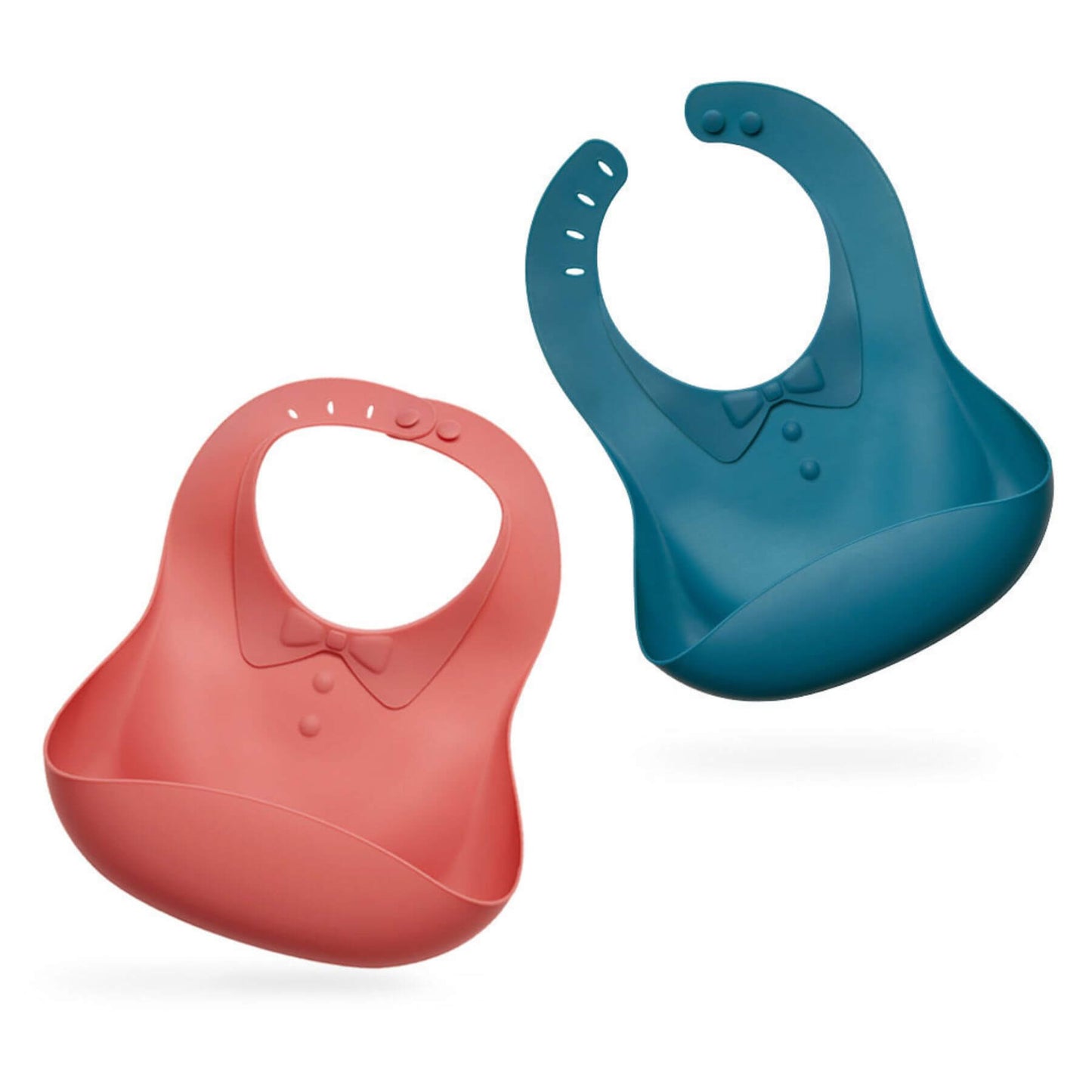 Two Haakaa Silicone Baby Bibs, one red and one blue, on a white background