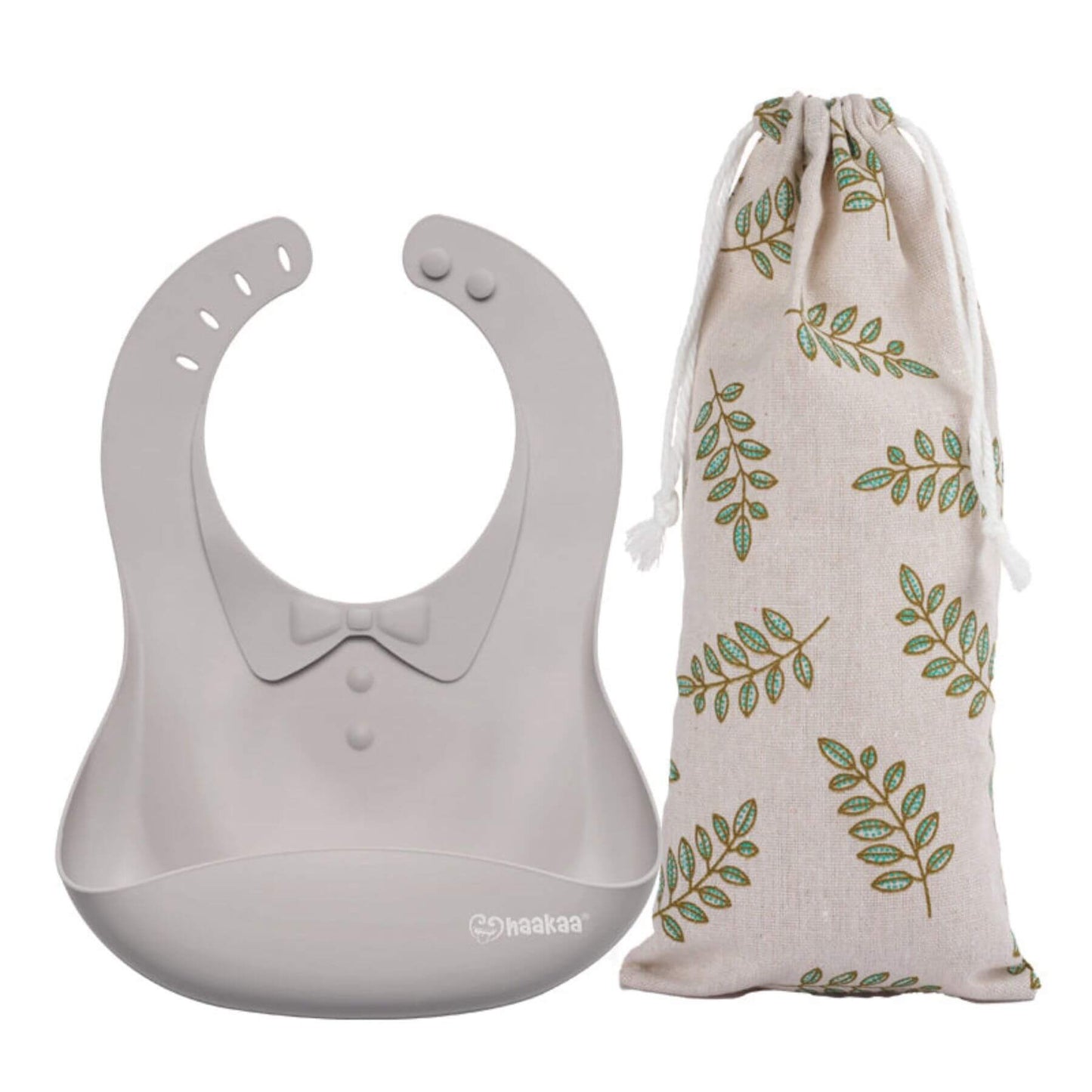 Haakaa Silicone Baby Bib - Gray with a leaf-patterned storage bag on a white background