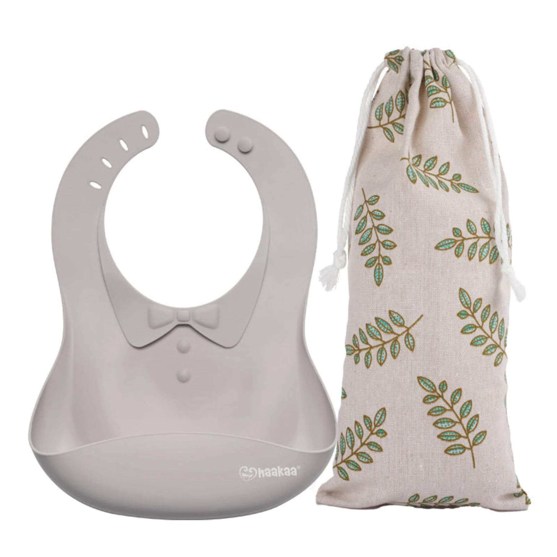 Haakaa Silicone Baby Bib - Gray with a leaf-patterned storage bag on a white background