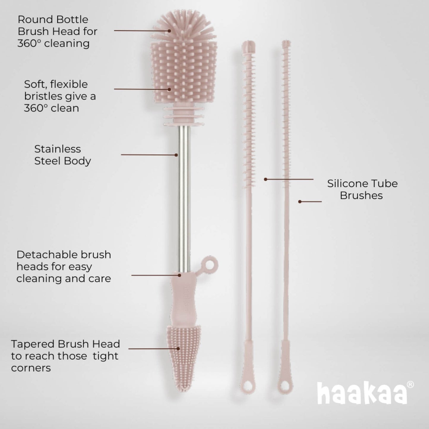 Haakaa silicone tube brush set with labeled features on a white background