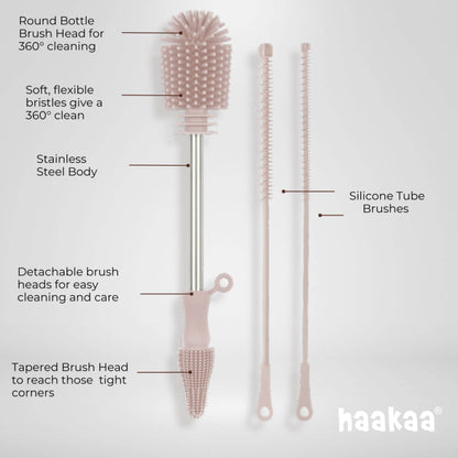 Haakaa silicone tube brush set with labeled features on a white background
