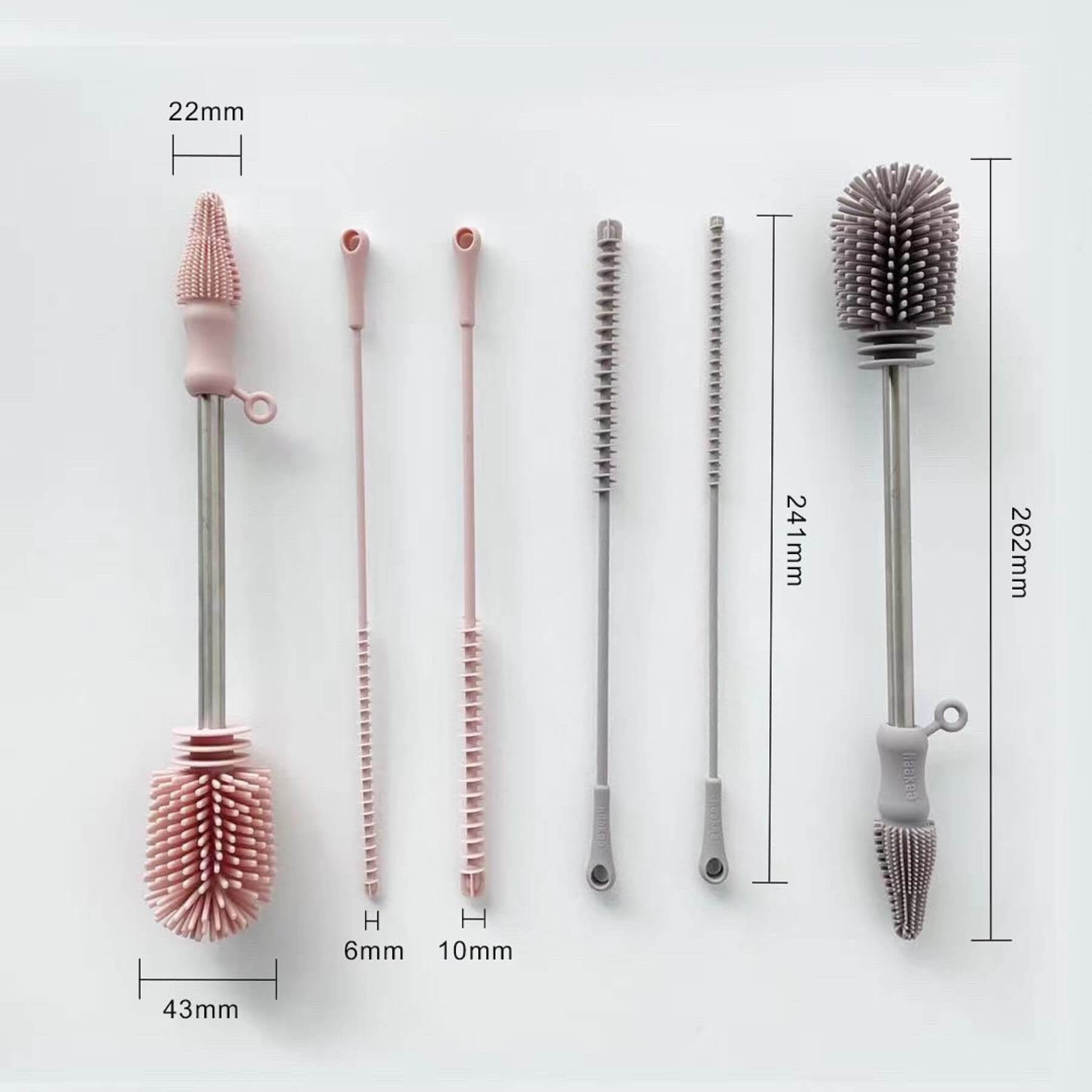 Set of cleaning brushes with measurements on a white background