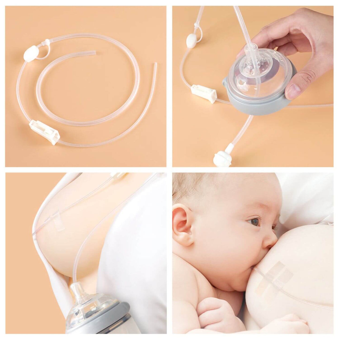 Collage of a baby using Haakaa Supplemental Feeding Combo