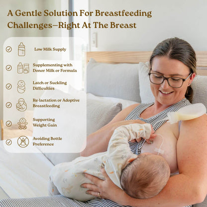 Woman breastfeeding a baby with text about gentle solutions for breastfeeding challenges.