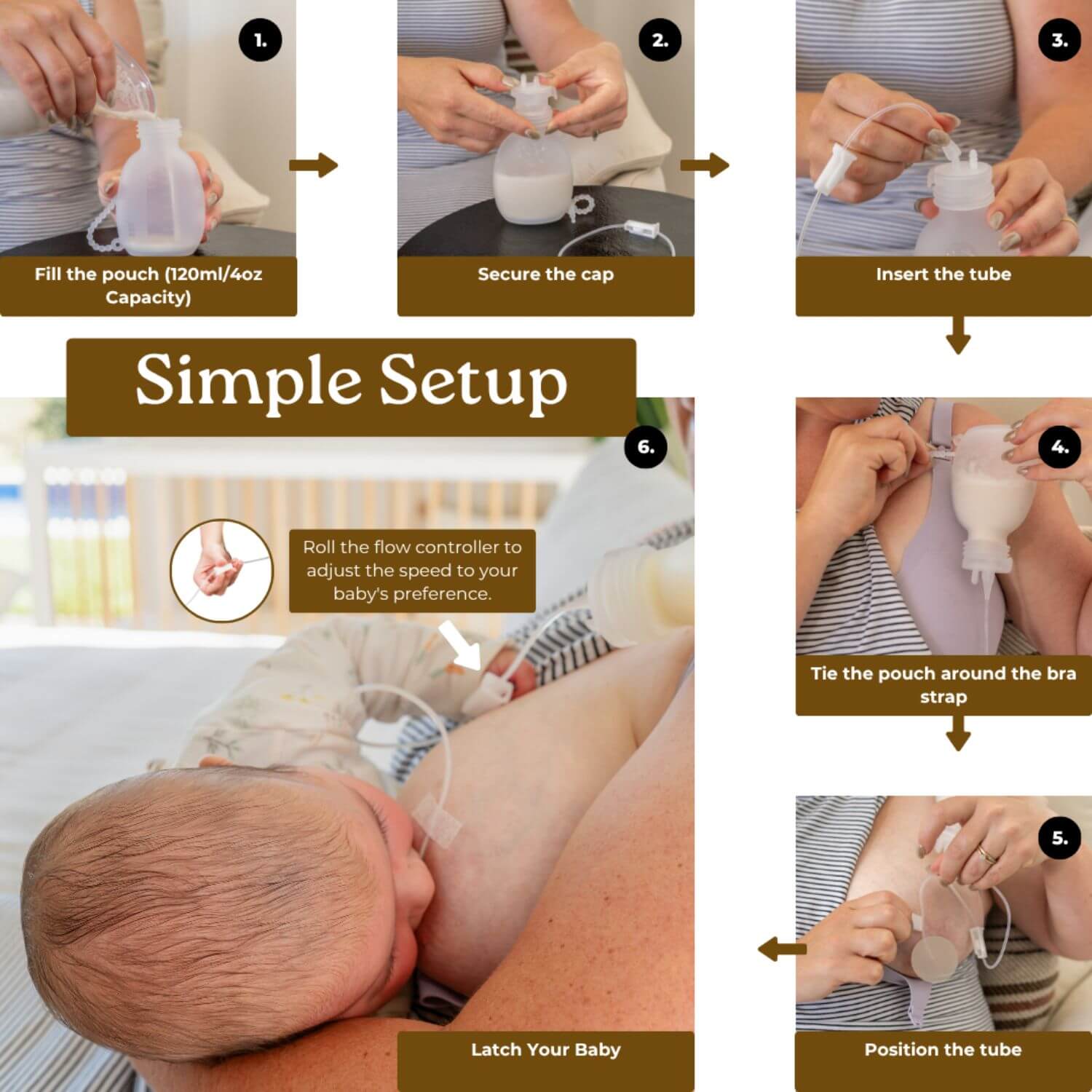 Step-by-step guide on how to use a baby feeding device with close-up shots of hands and baby.
